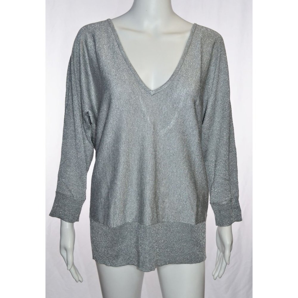 New York & Company Metallic Silver V-Neck Open Back 3/4 Sleeve Sweater Size L